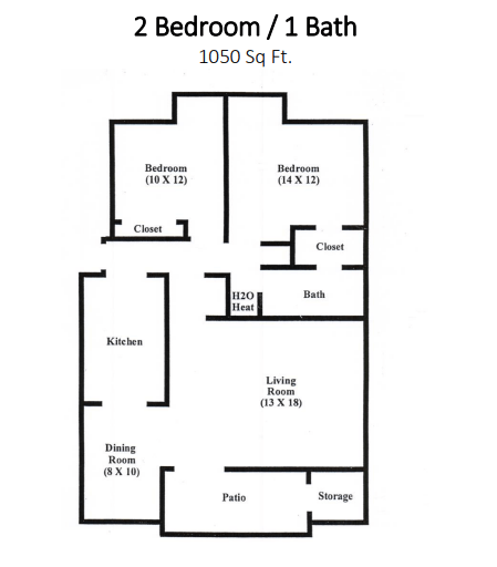 Floor plan for 2 beds, 1 bath, 1050 sqft